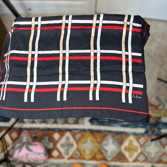 Echo Vintage Classic Elegant Navy , Red ,Gold Plaid‎ Scarf - Picture 3 of 9